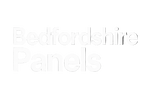 "Bedfordshire Panels" in bold modern font in white